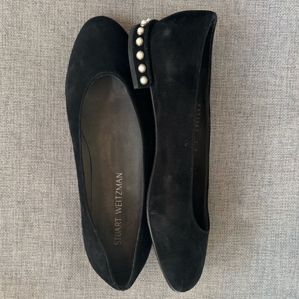 VINTAGE Stuart Weitzman Black Suede Flats with Pearl Detailing, Size 7
